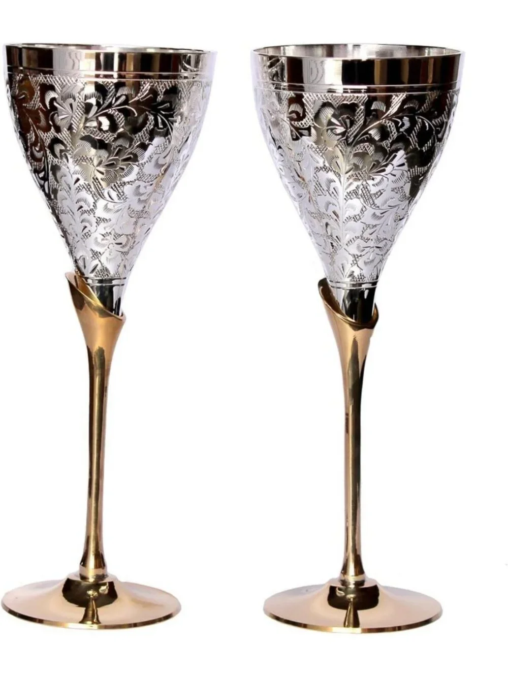 Engraved Brass Champagne Goblet Set - Elegant Silver Polished Wine Glasses